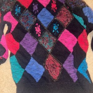 Vntg 70s/80 Mariea Kim Sweater M Abstract Geometric Argyle  Pink retrp